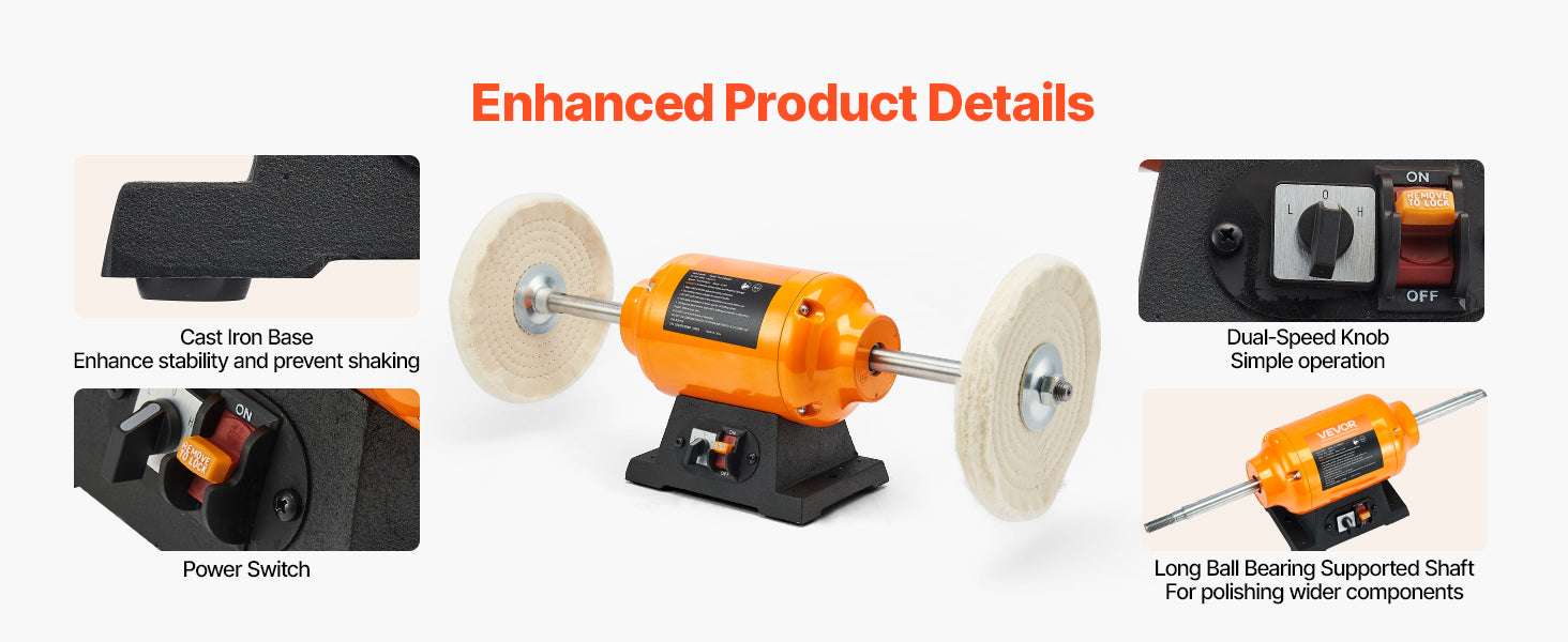 8" Bench Buffer Polisher 1/2HP Dual Speed 1725/3450RPM with Wheels-8inch 110V / United States