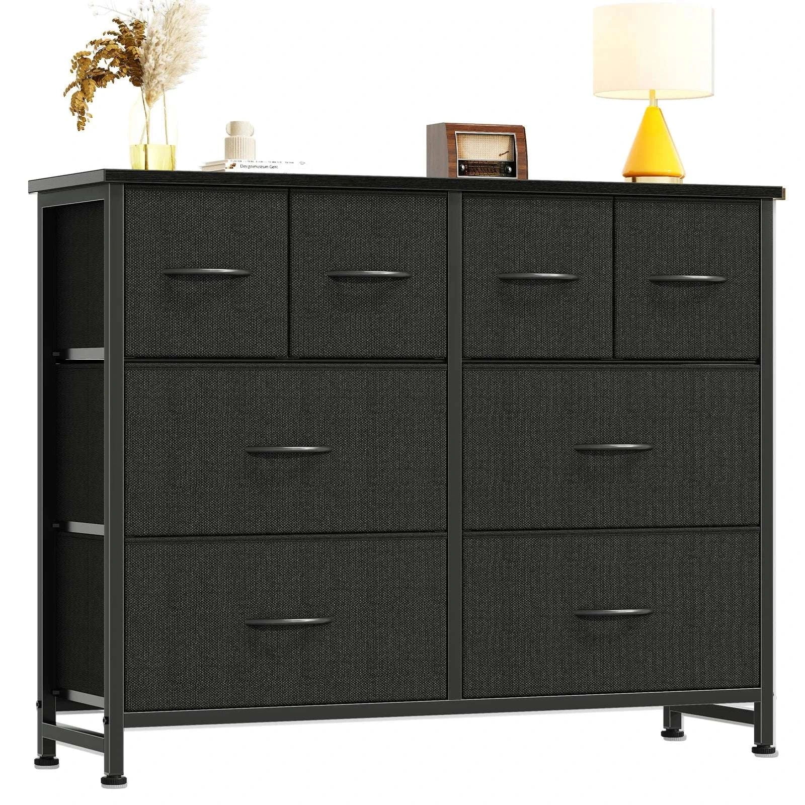 8 Drawer Fabric Dresser TV Stand with Wood Top & Metal Frame-Black Wood / United States