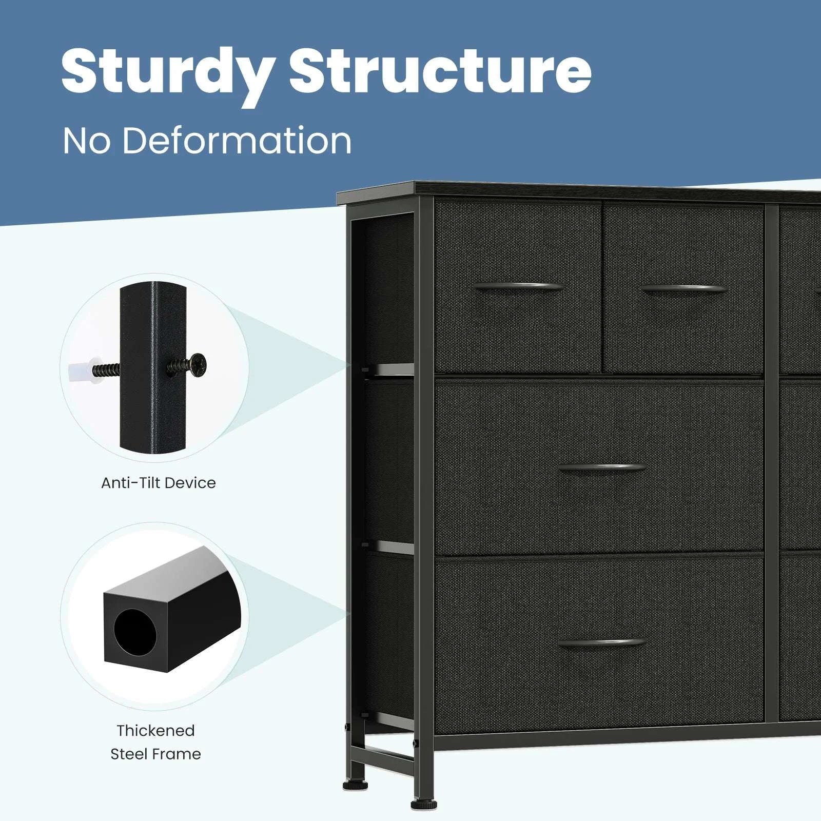 8 Drawer Fabric Dresser TV Stand with Wood Top & Metal Frame-Black Wood / United States