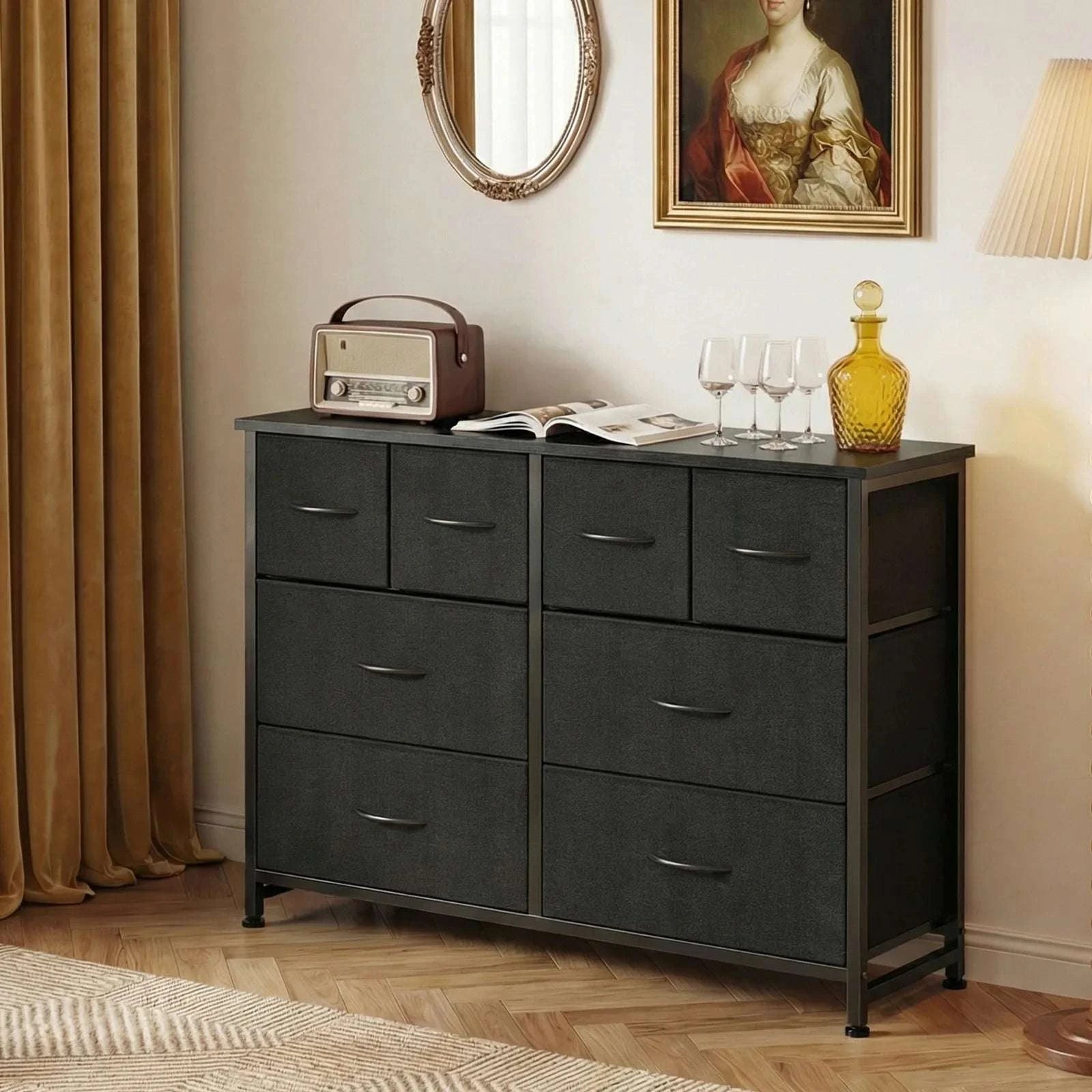 8 Drawer Fabric Dresser TV Stand with Wood Top & Metal Frame-Black Wood / United States