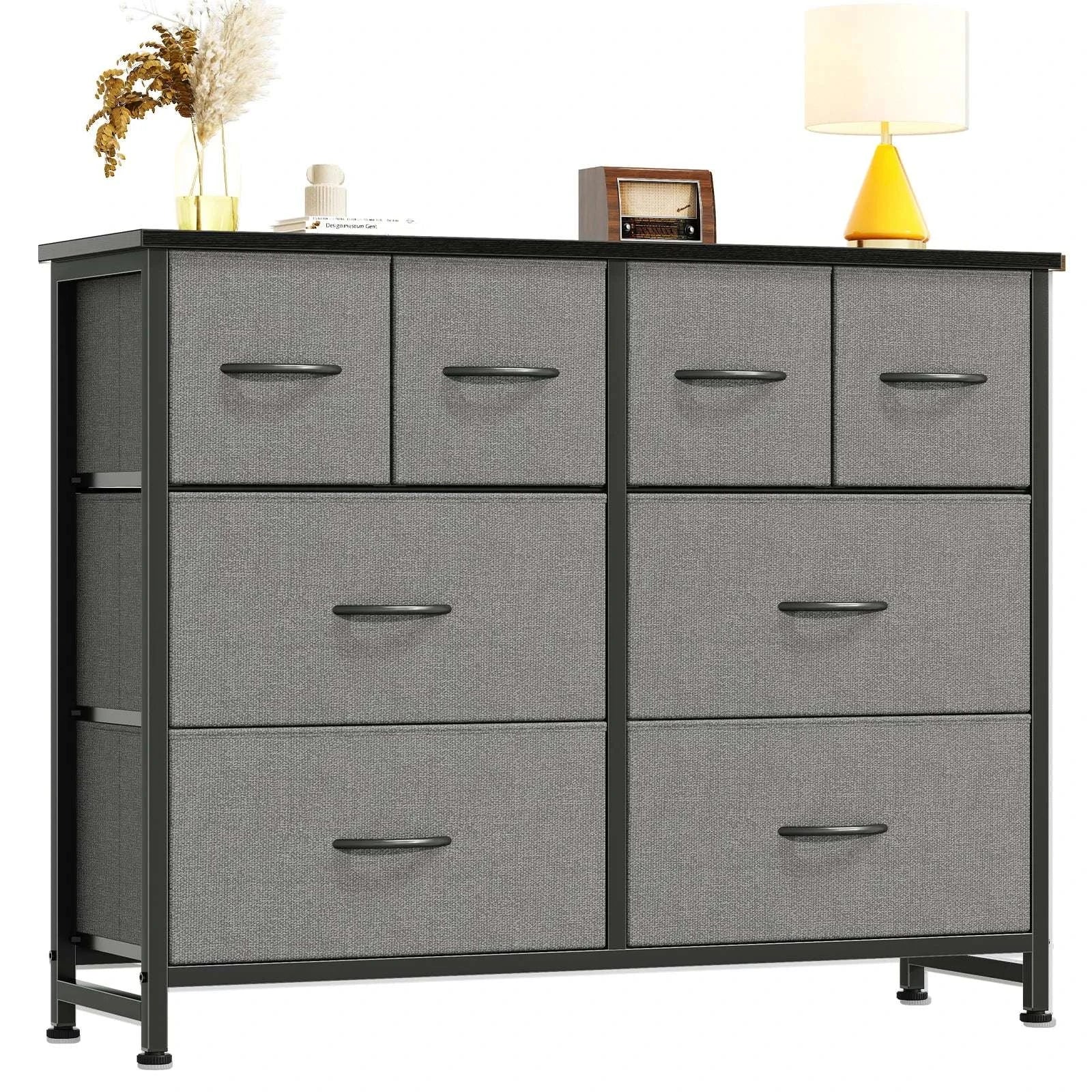 8 Drawer Fabric Dresser TV Stand with Wood Top & Metal Frame-Black Wood / United States