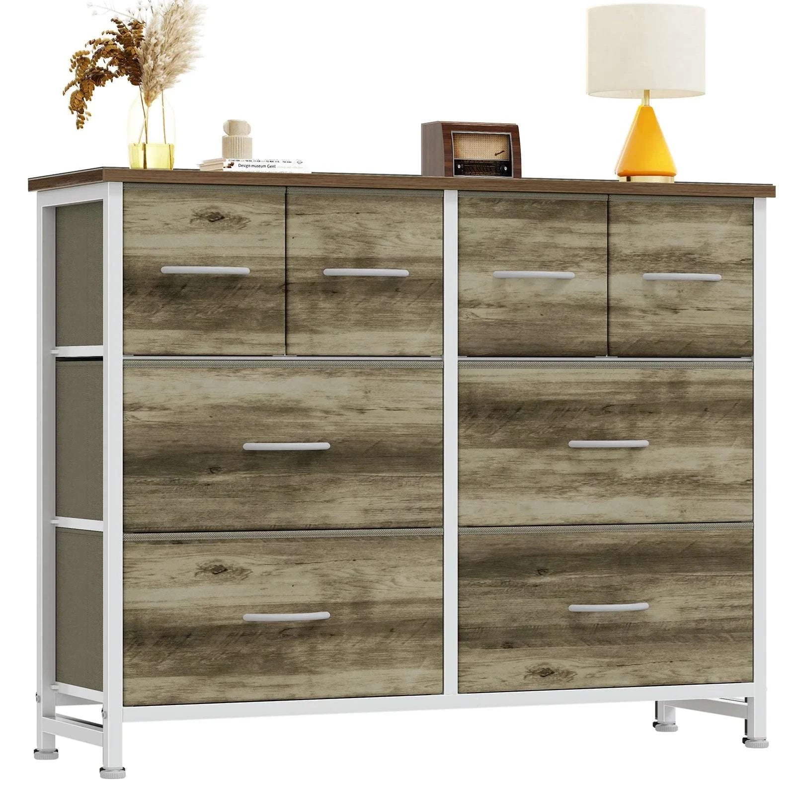 8 Drawer Fabric Dresser TV Stand with Wood Top & Metal Frame-Black Wood / United States