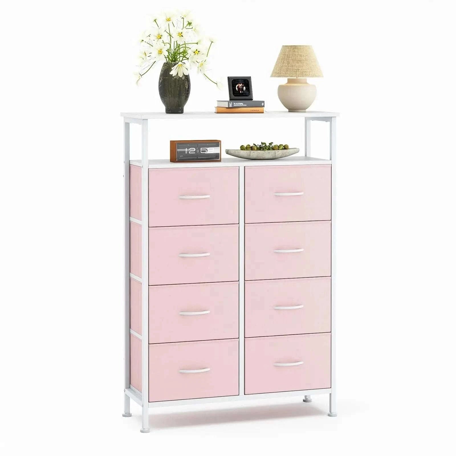 8 Drawer TV Stand with Wooden Top and Storage Cabinet-Pink / United States