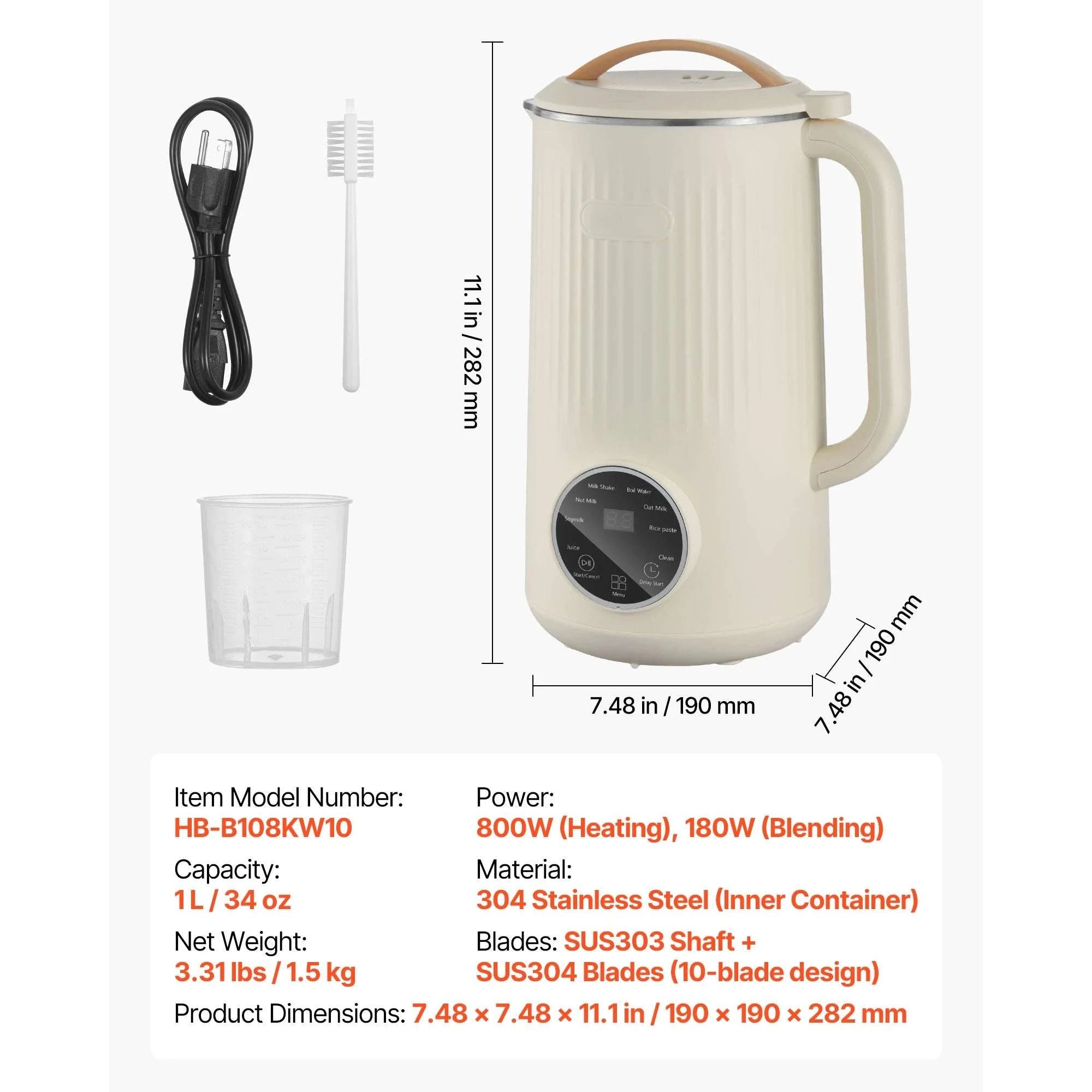 8-in-1 Nut Milk Maker with Self-Cleaning & 12-Hour Timer-600ML / United States