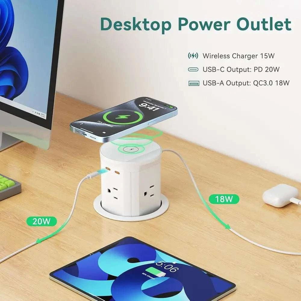 8-in-1 Pop-Up Desk Outlet with 20W USB-C & 15W Wireless Charging-United States