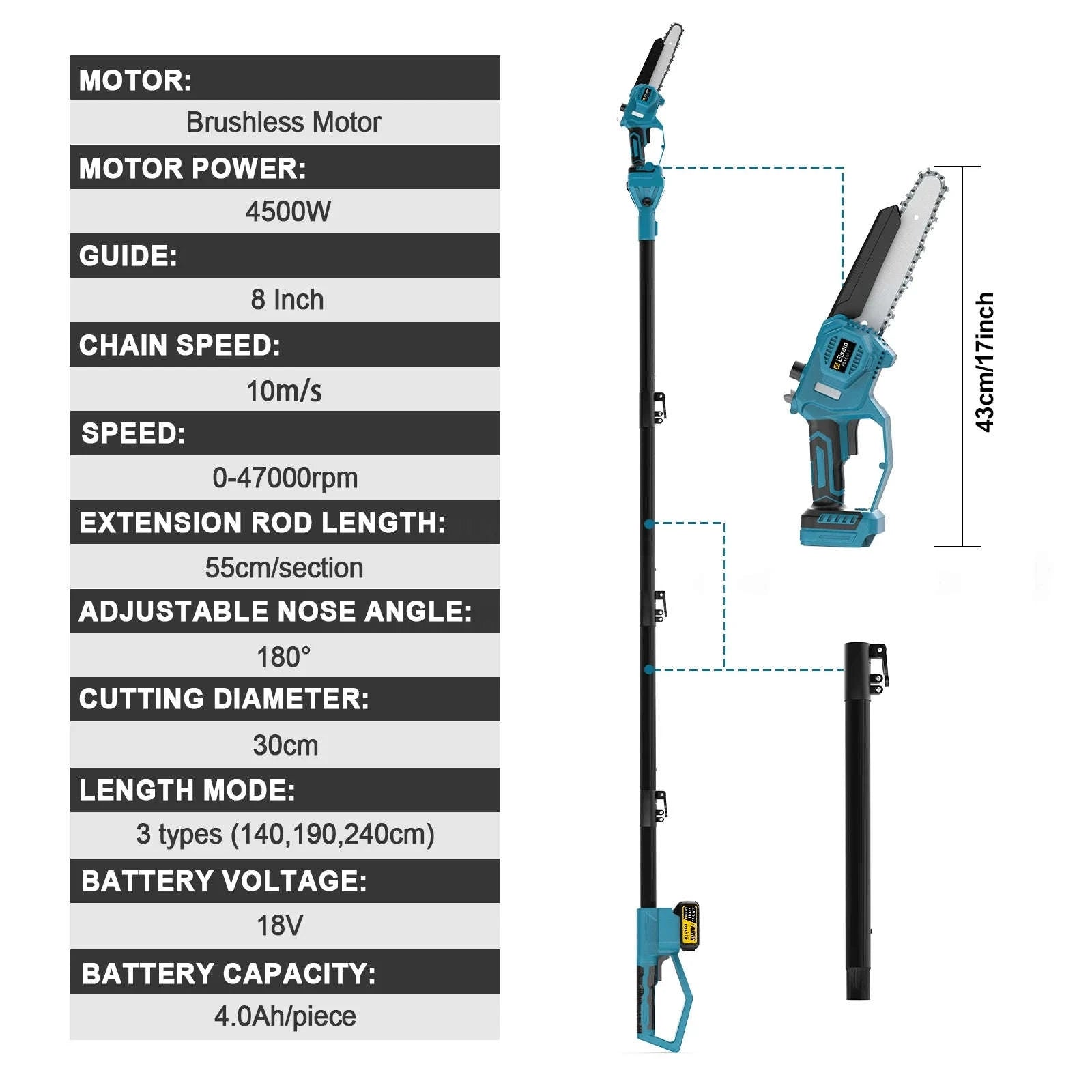 8 Inch Telescoping Pole Electric Chainsaw-1 Battery / Brazil