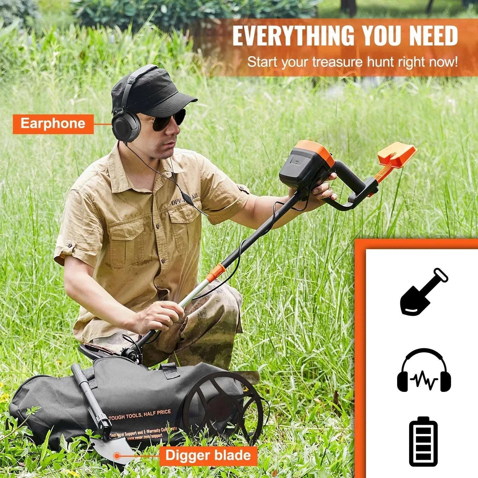 8-Inch Waterproof Metal Detector with Adjustable Shaft for Adults-Orange / CZECH REPUBLIC
