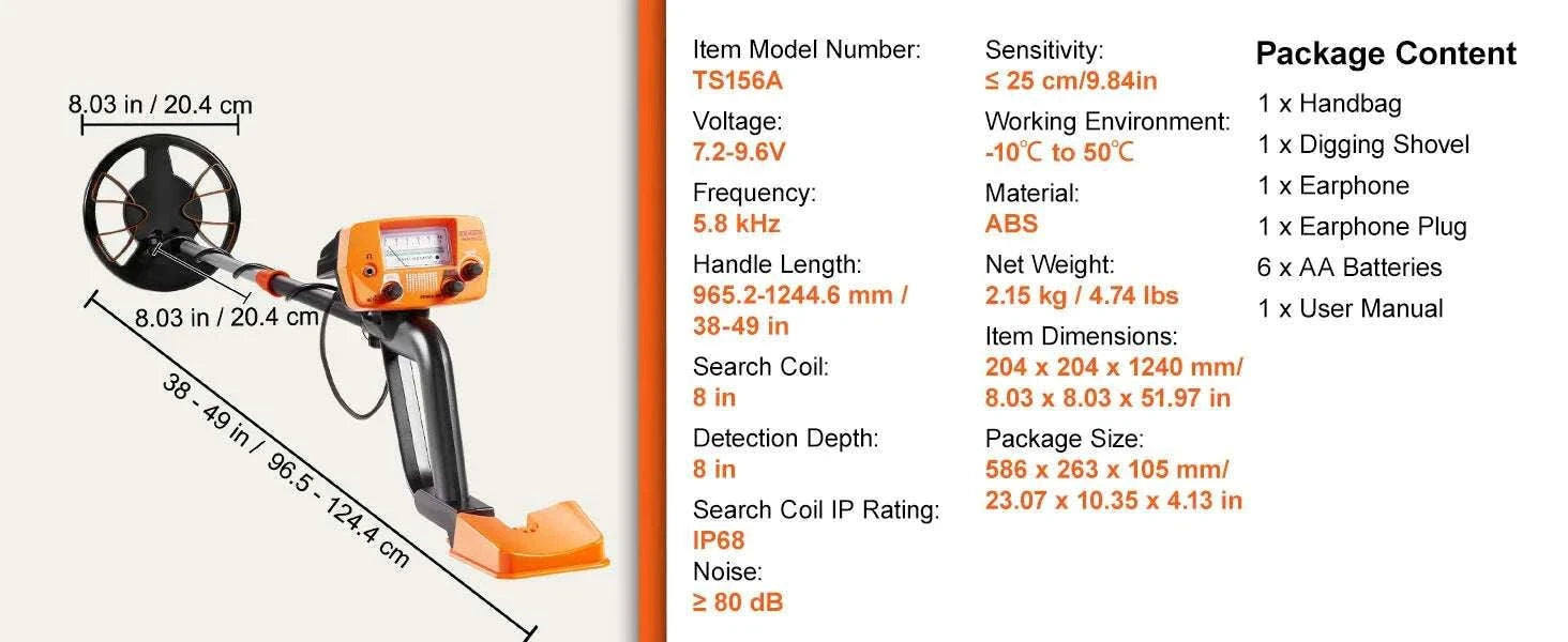 8-Inch Waterproof Metal Detector with Adjustable Shaft for Adults-Orange / CZECH REPUBLIC