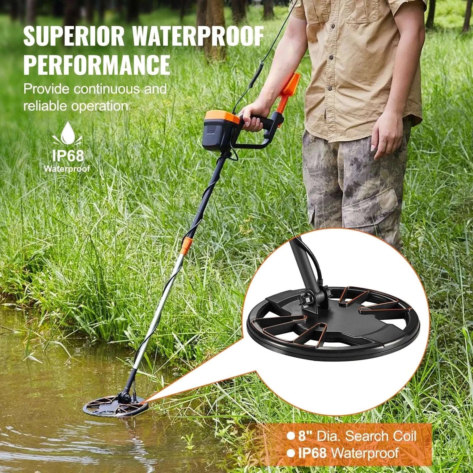 8-Inch Waterproof Metal Detector with Adjustable Shaft for Adults-Orange / CZECH REPUBLIC