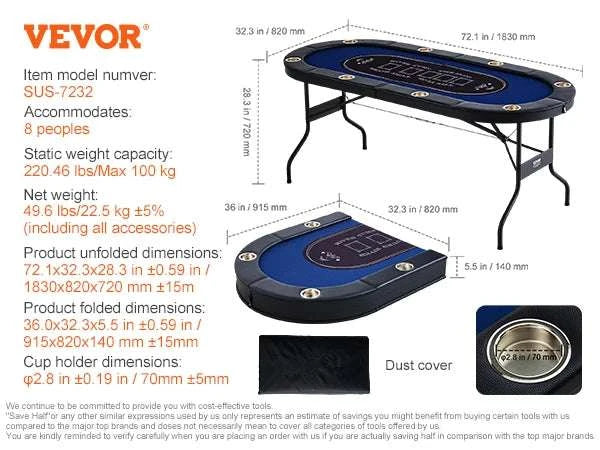8 Player Foldable Poker Table with Cup Holders & Padded Rails-8players / United States