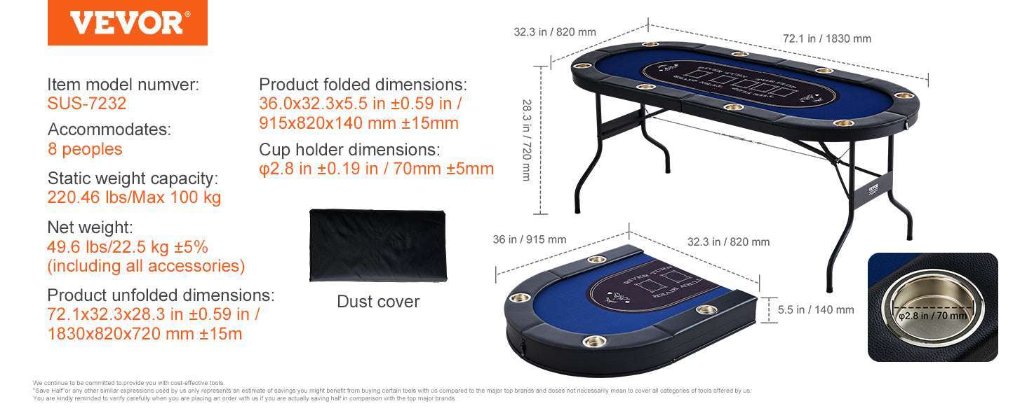 8 Player Foldable Poker Table with Cup Holders & Padded Rails-8players / United States
