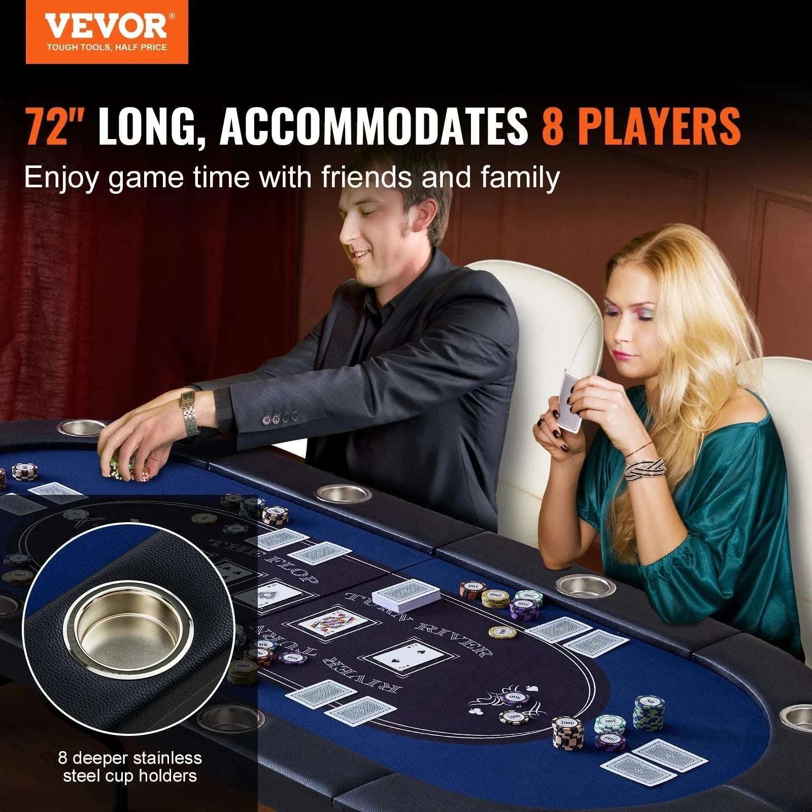 8 Player Foldable Poker Table with Cup Holders & Padded Rails-8players / United States