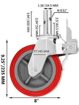 8" Polyurethane Swivel Caster Wheels Set of 4 with Brakes 3200 lb-red / United States