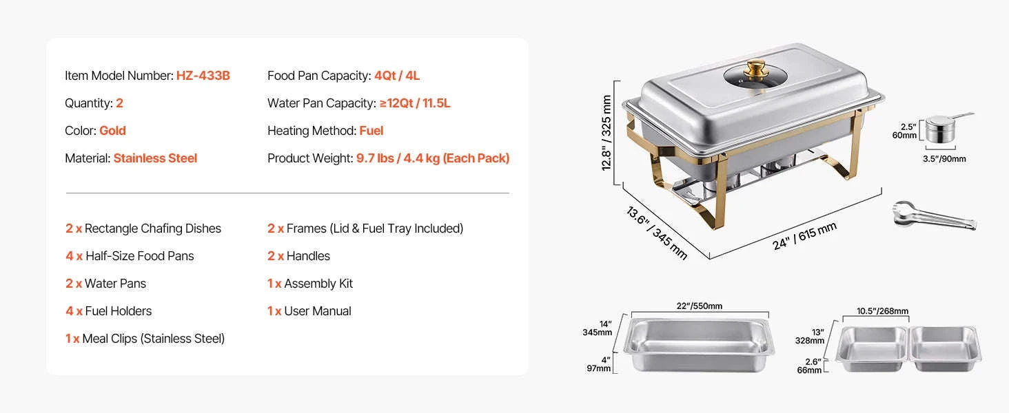 8 Qt 2-Pack Chafing Dish Buffet Set with 4 Full Size Pans-4 Packs / United States