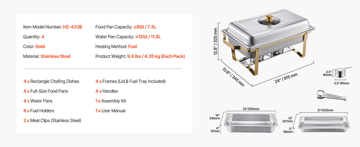 8 Qt 2-Pack Chafing Dish Buffet Set with 4 Full Size Pans-4 Packs / United States