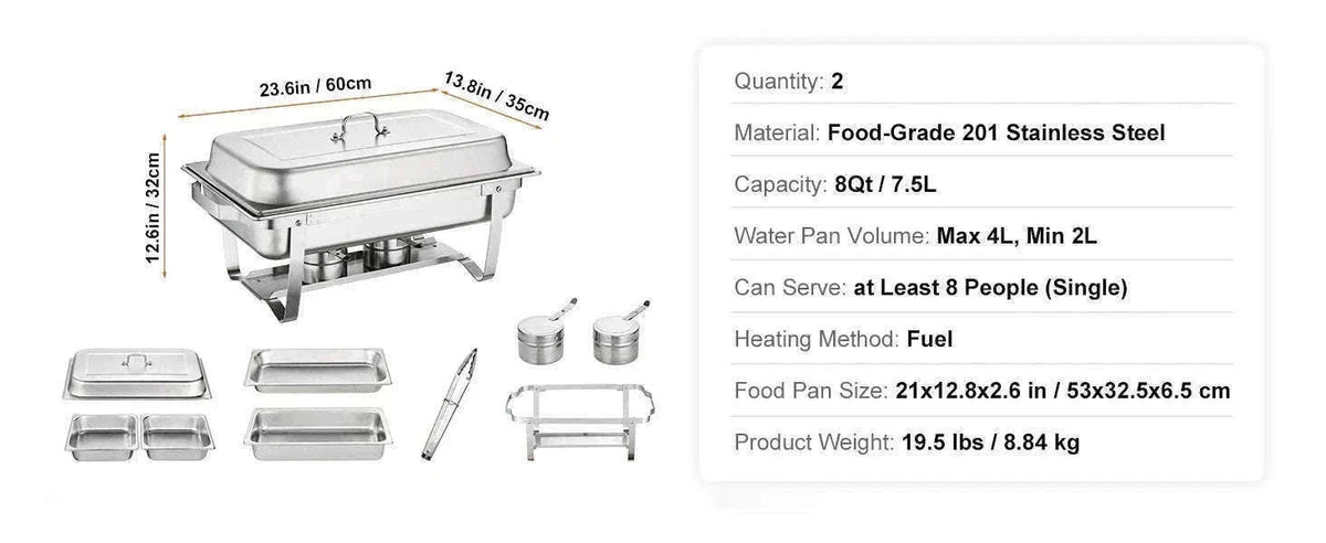8 Qt Rectangle Chafing Dish Buffet Warmer Set-2 Packs / United States