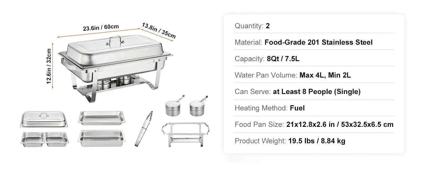 8 Qt Rectangle Chafing Dish Buffet Warmer Set-2 Packs / United States