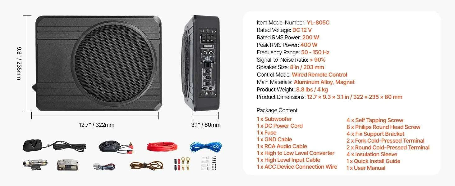 8" Underseat Car Subwoofer with Built-In Amp 240W Peak Power-120W / france