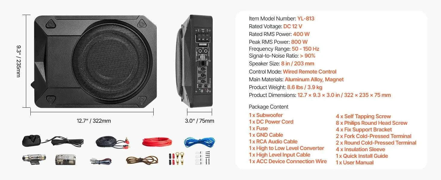 8" Underseat Car Subwoofer with Built-In Amp 240W Peak Power-120W / france