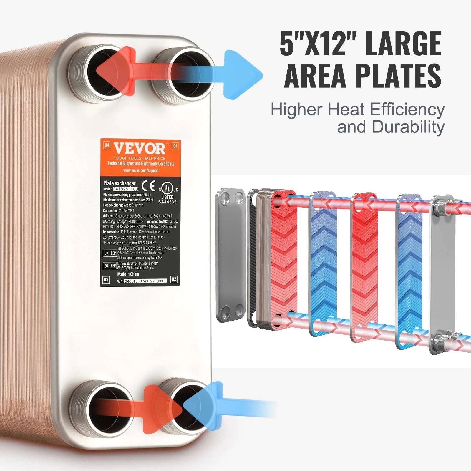 80 Plate Brazed Plate Heat Exchanger 5x12 Stainless Steel Unit-5x12in 80pcs / france