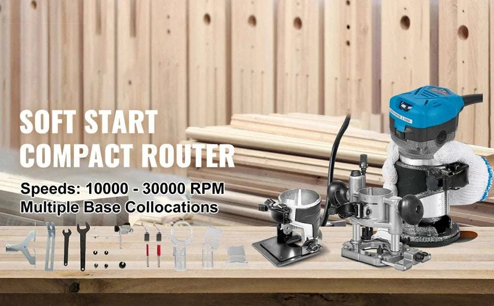 800W Compact Wood Router Kit Variable Speed 10,000–30,000 RPM-4 Bases / United States