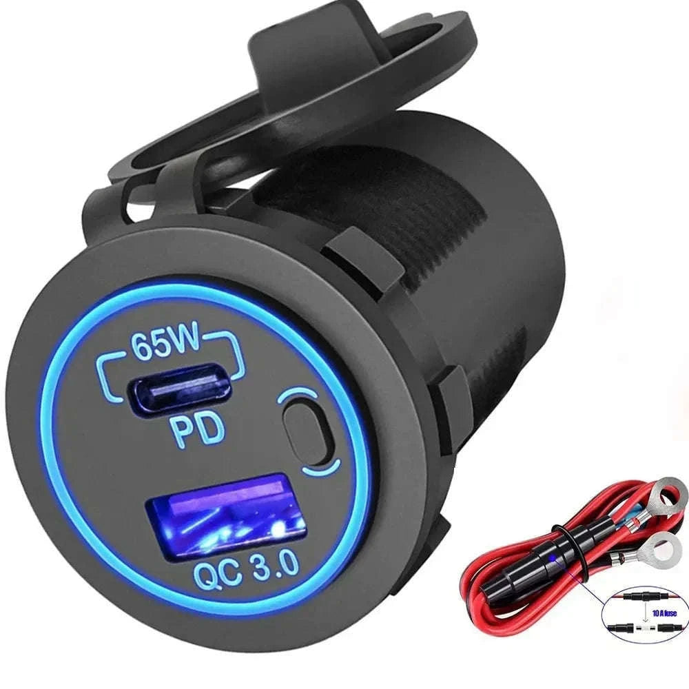 83W 12V Car Charger Socket with 65W USB-C PD and Switch-black