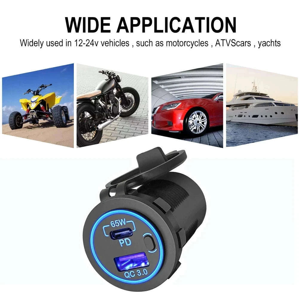 83W 12V Car Charger Socket with 65W USB-C PD and Switch-black