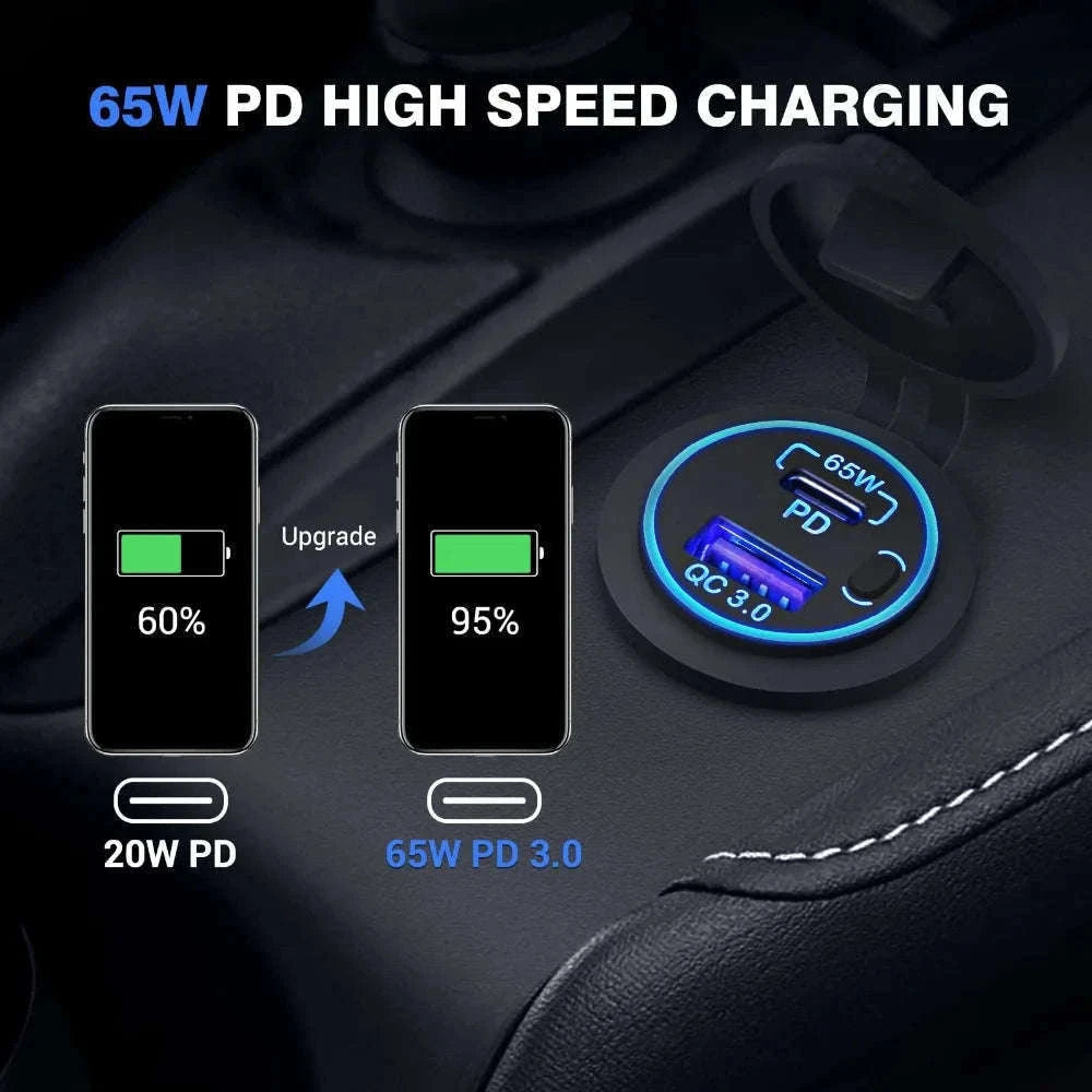 83W 12V Car Charger Socket with 65W USB-C PD and Switch-black