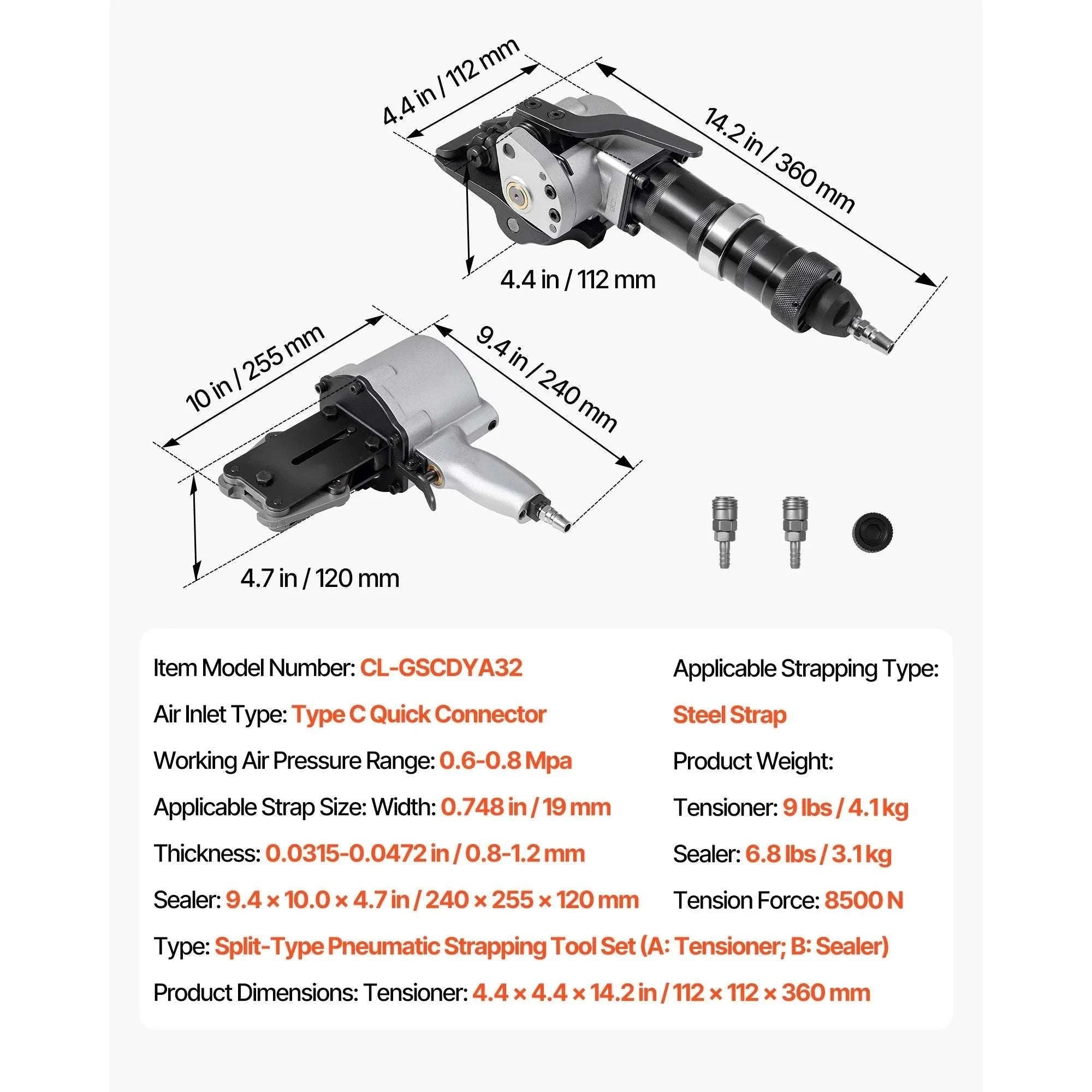 8500N Pneumatic Steel Strapping Machine Split Tensioner & Sealer-32mm Width / United States