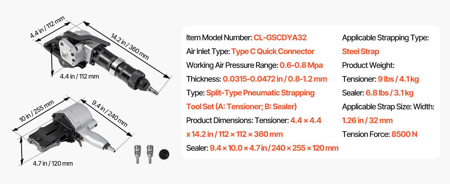 8500N Pneumatic Steel Strapping Machine Split Tensioner & Sealer-32mm Width / United States