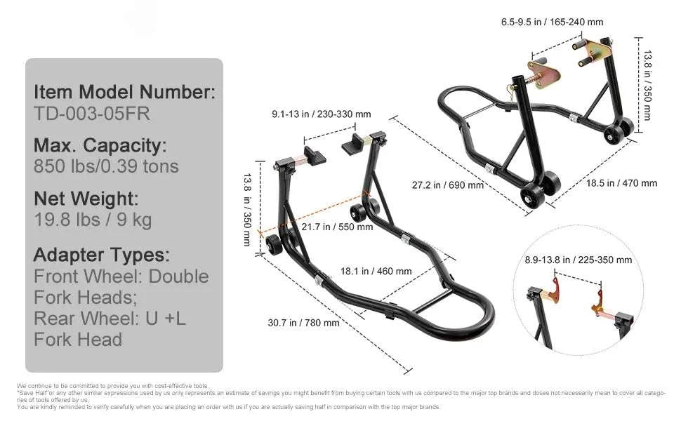 850lb Motorcycle Front & Rear Stand Lift Combo for Stable Maintenance-U Type L Type Fork / United States