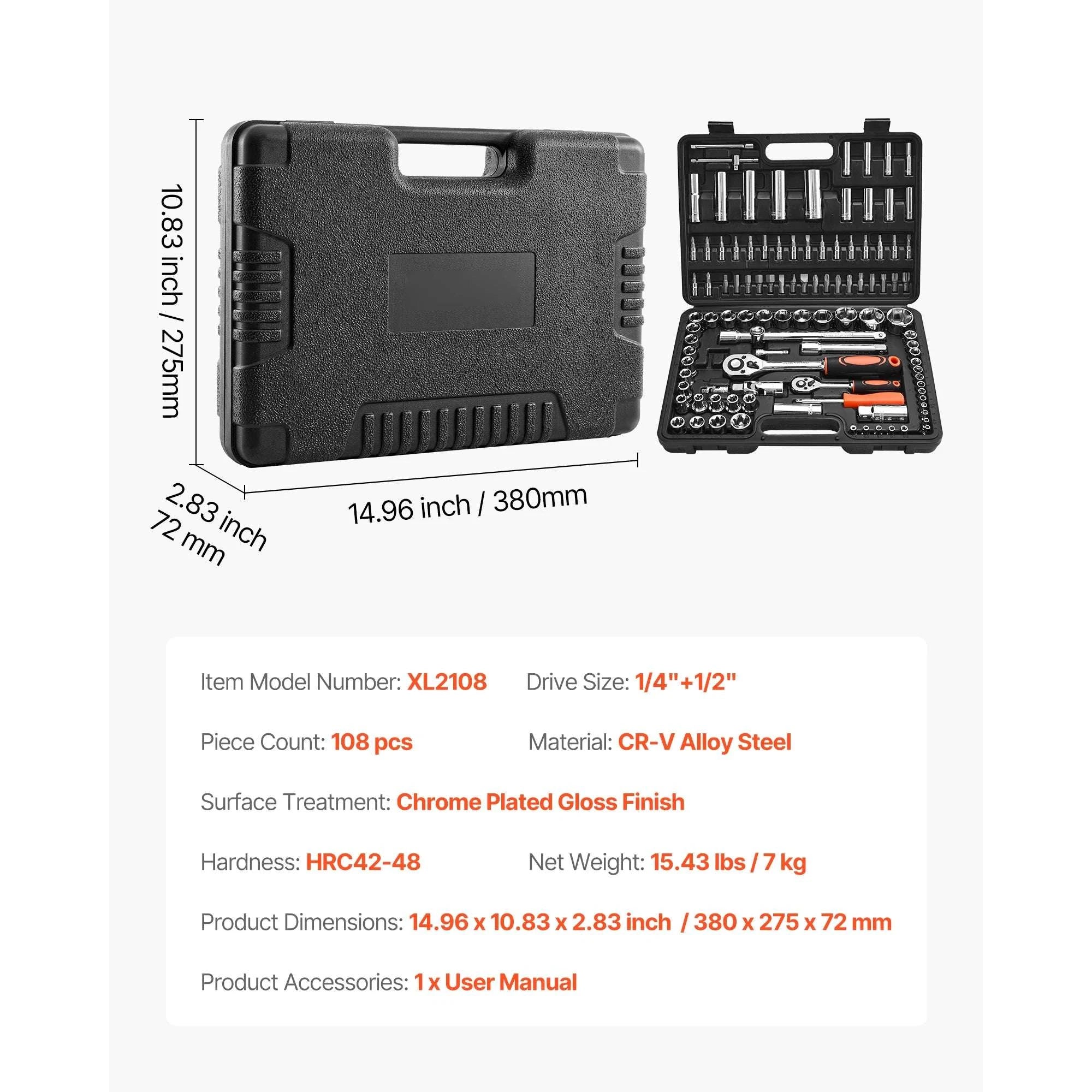 86-Piece Socket and Ratchet Set SAE & Metric Tool Kit-39PCs / United States