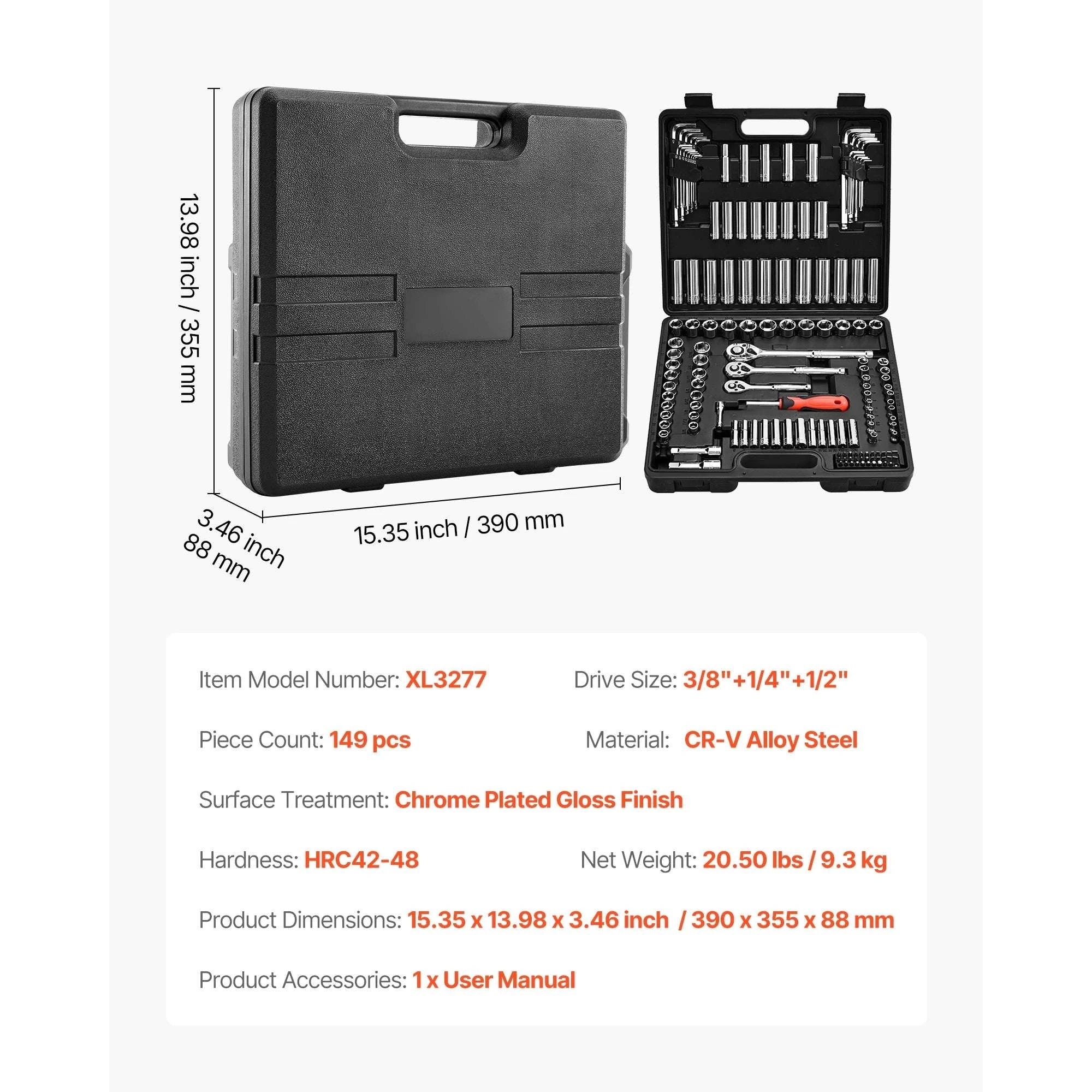 86-Piece Socket and Ratchet Set SAE & Metric Tool Kit-39PCs / United States