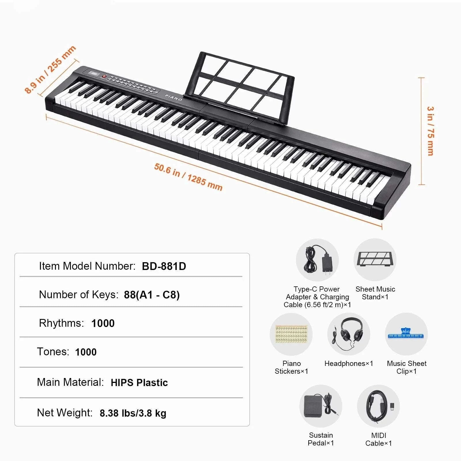 88-Key Digital Piano Keyboard with Stand, 1000 Tones & Bluetooth-Without Stand / spain