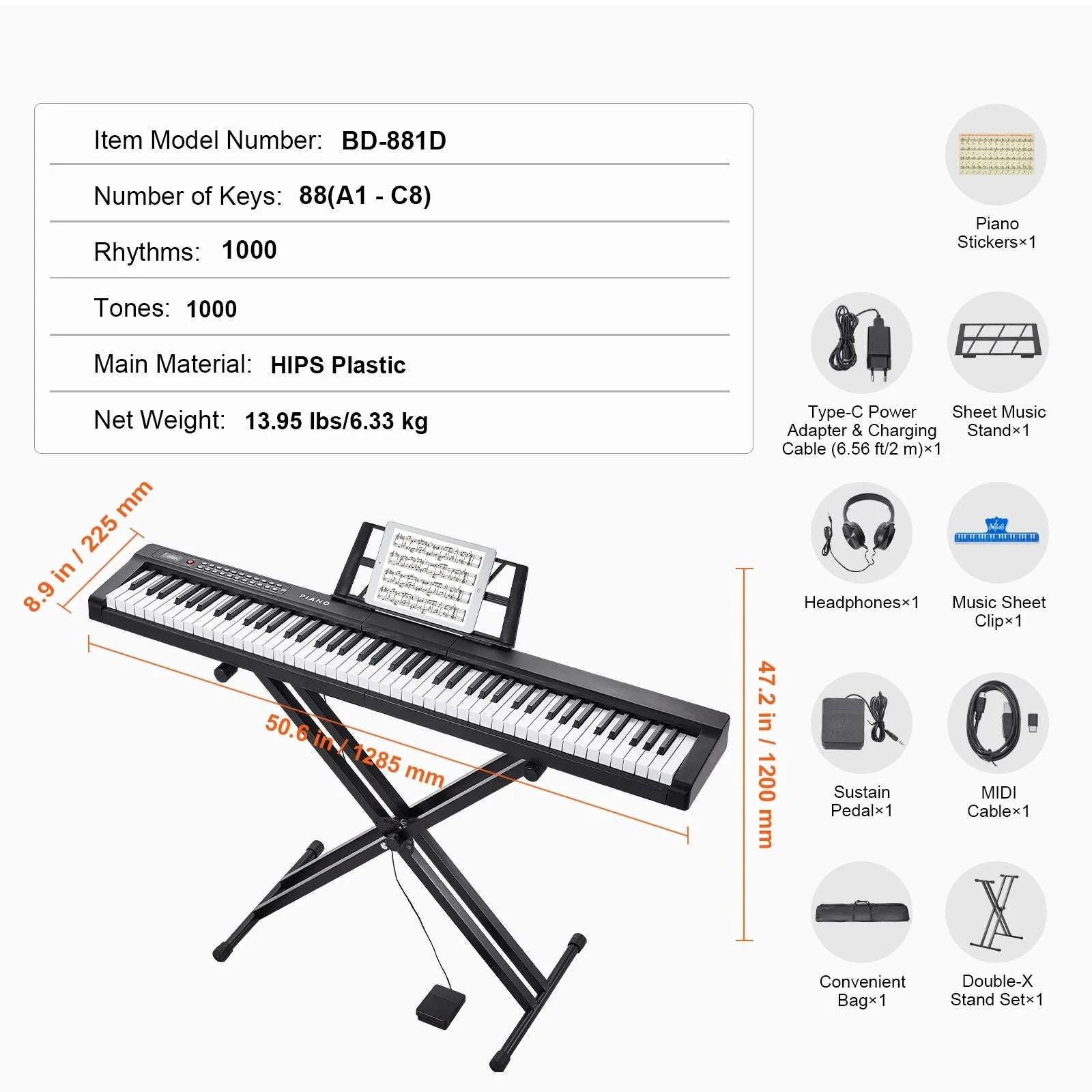 88-Key Digital Piano Keyboard with Stand, 1000 Tones & Bluetooth-Without Stand / spain