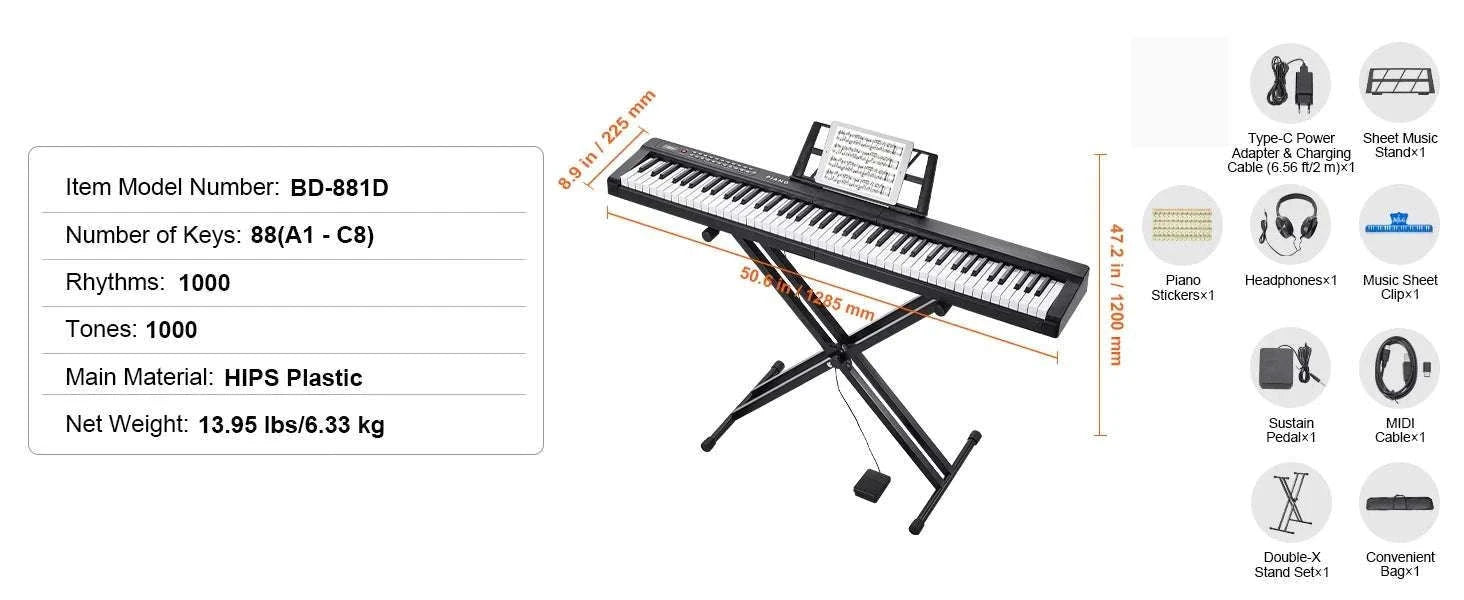 88-Key Digital Piano Keyboard with Stand, 1000 Tones & Bluetooth-Without Stand / spain