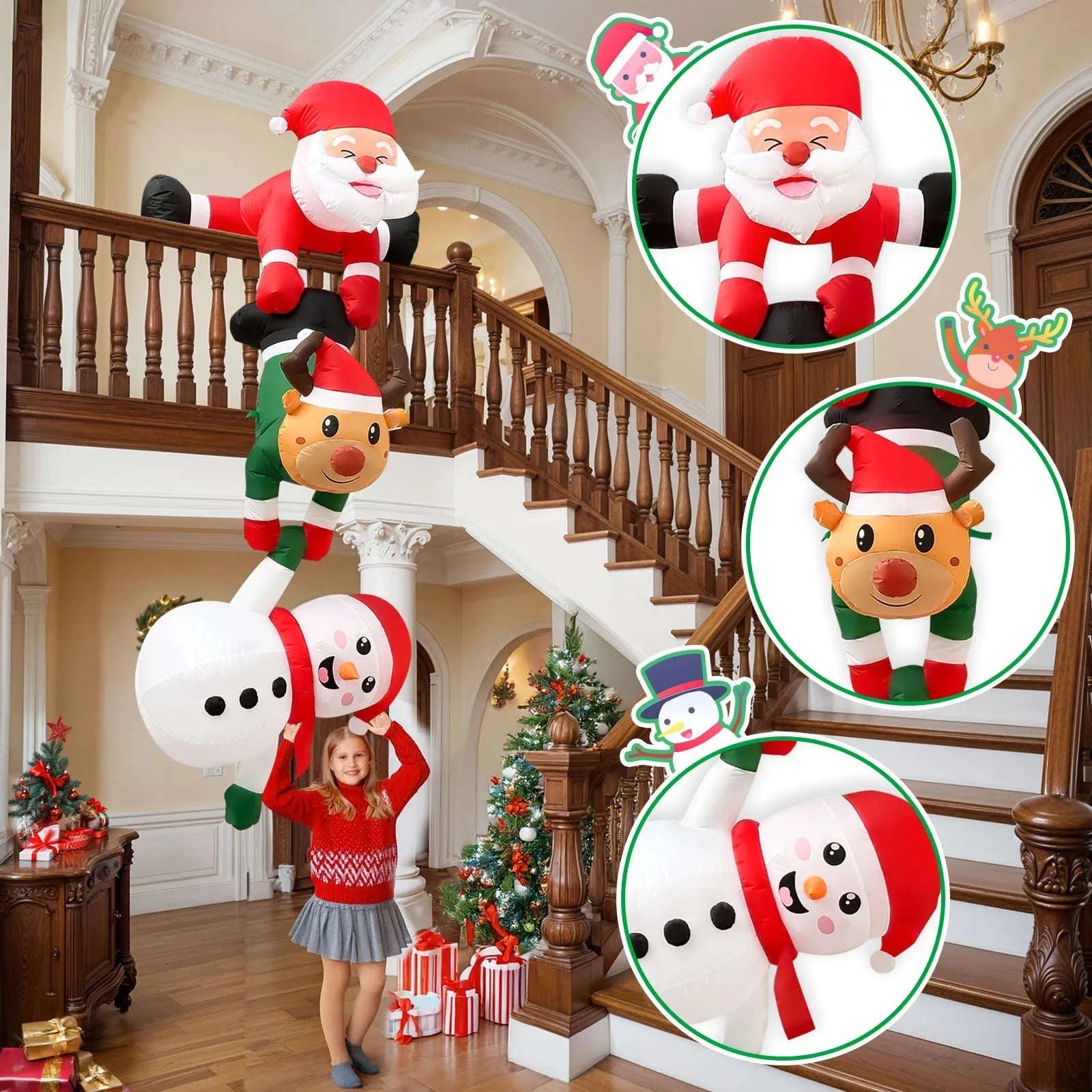 8FT Christmas Inflatable Decor with Climbing Santa, Reindeer & Snowman-8FT 1 / US-PLUG