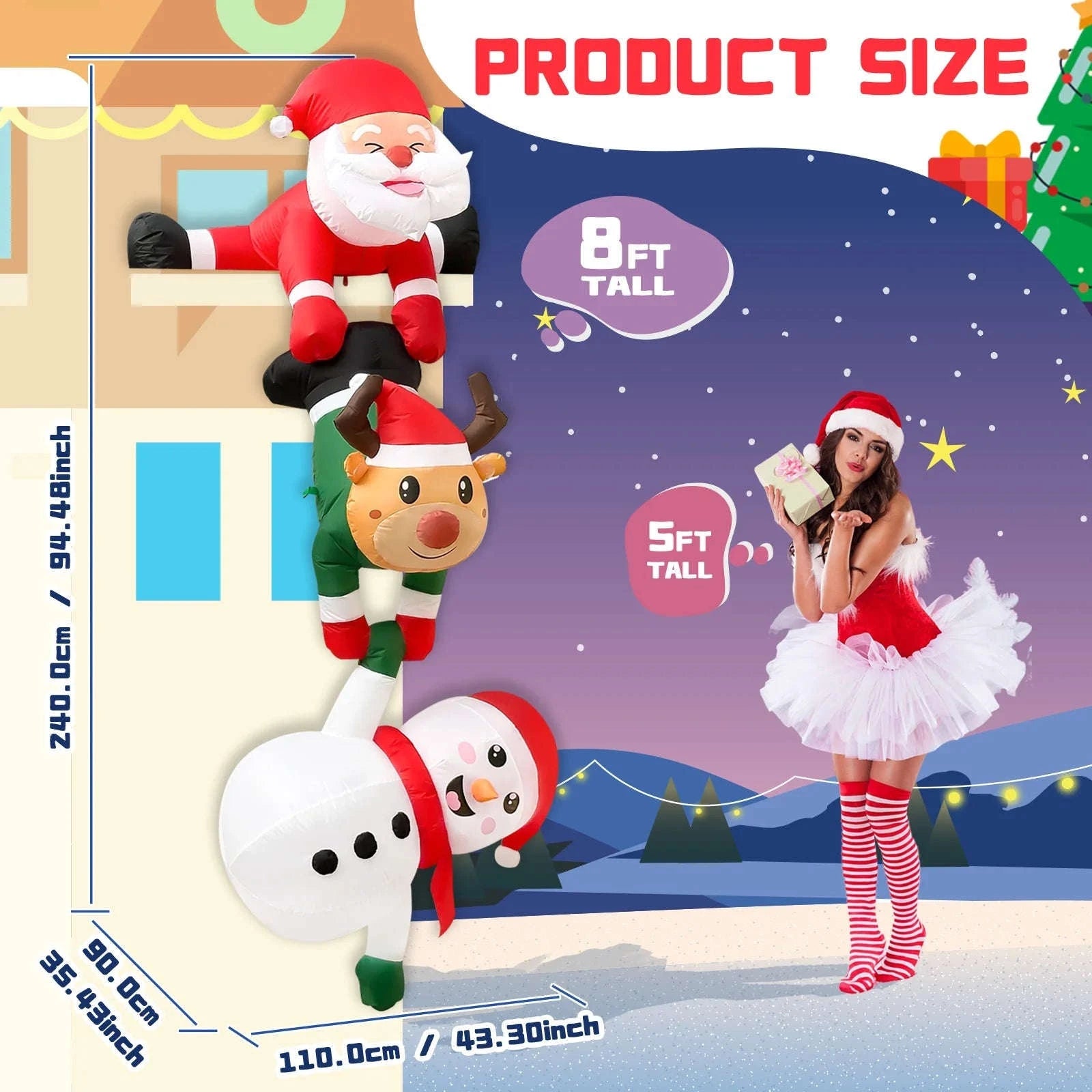 8FT Christmas Inflatable Decor with Climbing Santa, Reindeer & Snowman-8FT 1 / US-PLUG