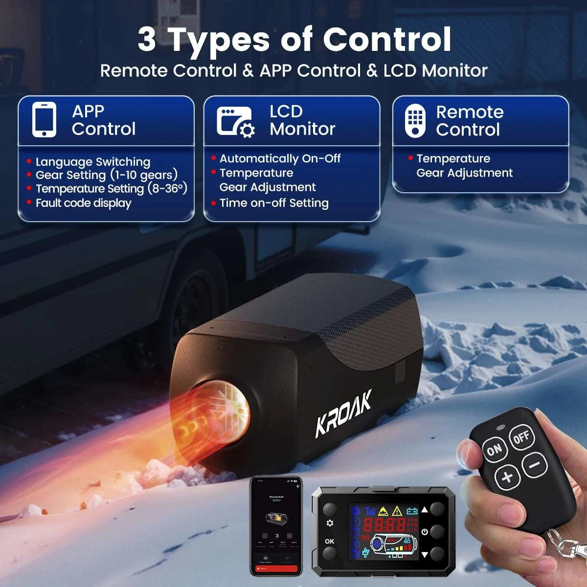 8KW 12V Diesel Air Parking Heater with Remote & LCD Display-Carbon Black with BT / United States