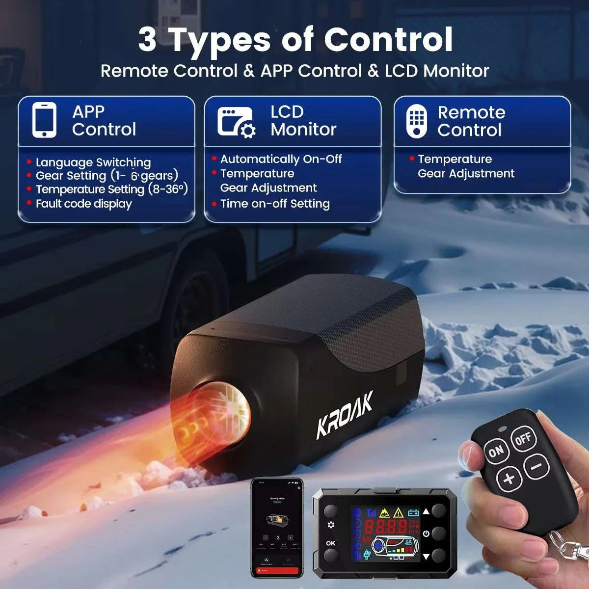 8KW 12V Diesel Air Parking Heater with Remote & LCD Display-Carbon Black with BT / United States