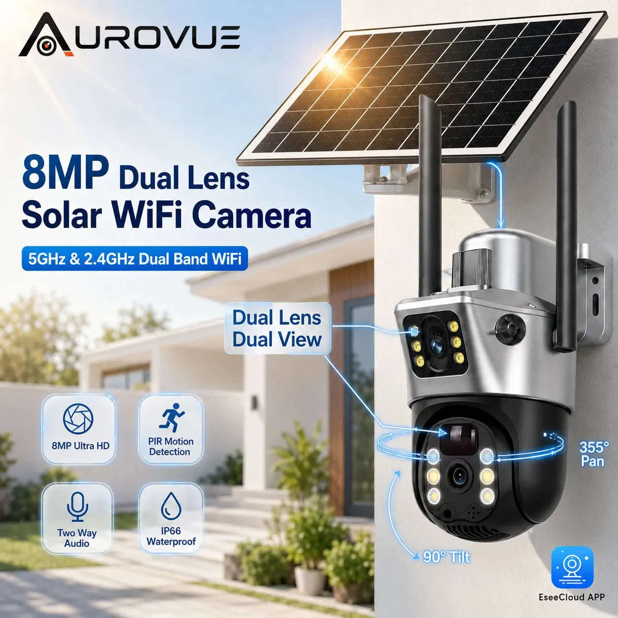 8MP Outdoor PTZ Security Camera Solar WiFi Dual Lens-WIF Solar Camera / Poland / USB Type-C