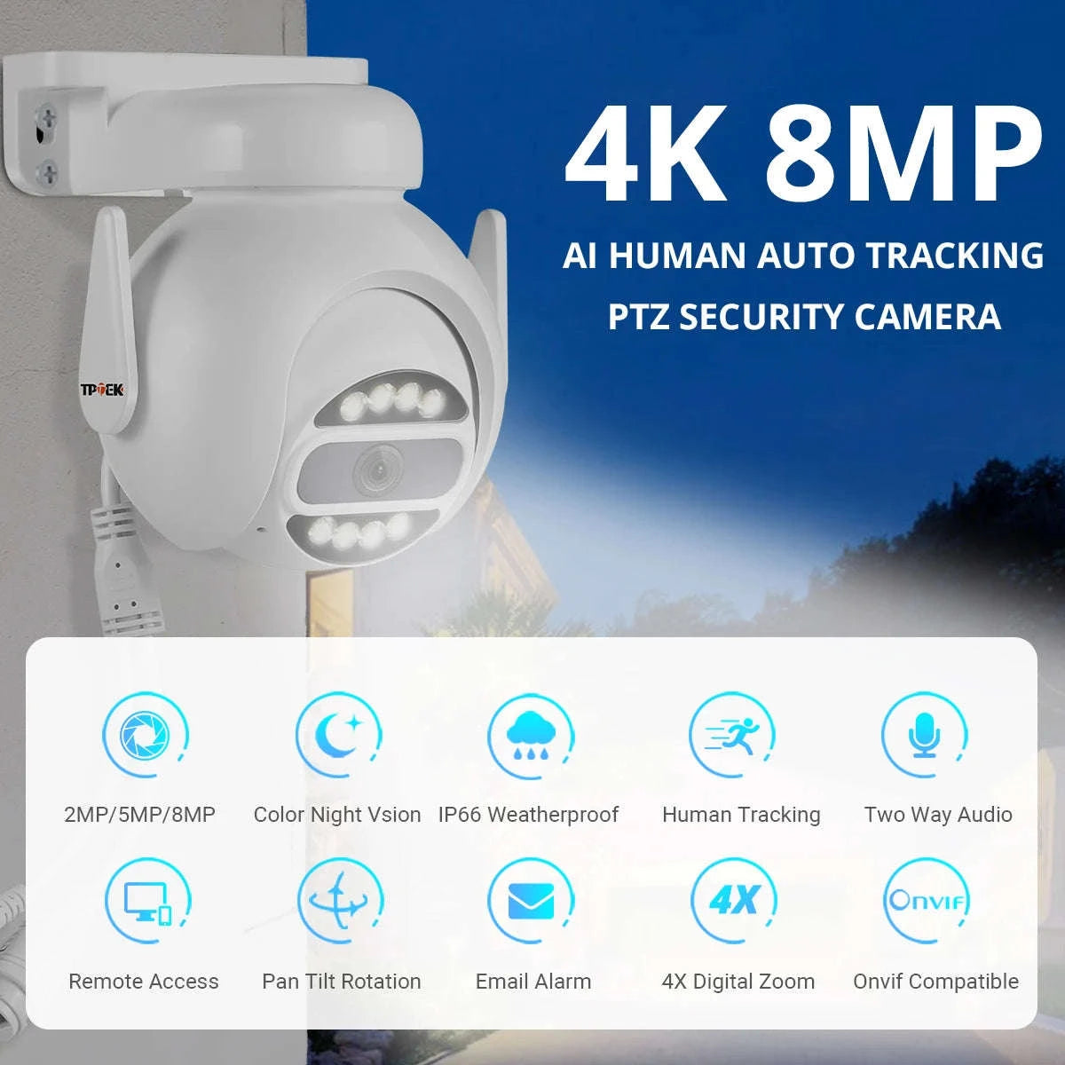8MP WiFi PTZ Security Camera with 4X Digital Zoom and Color Night Vision-5MP 64G TF Card / UK Plug