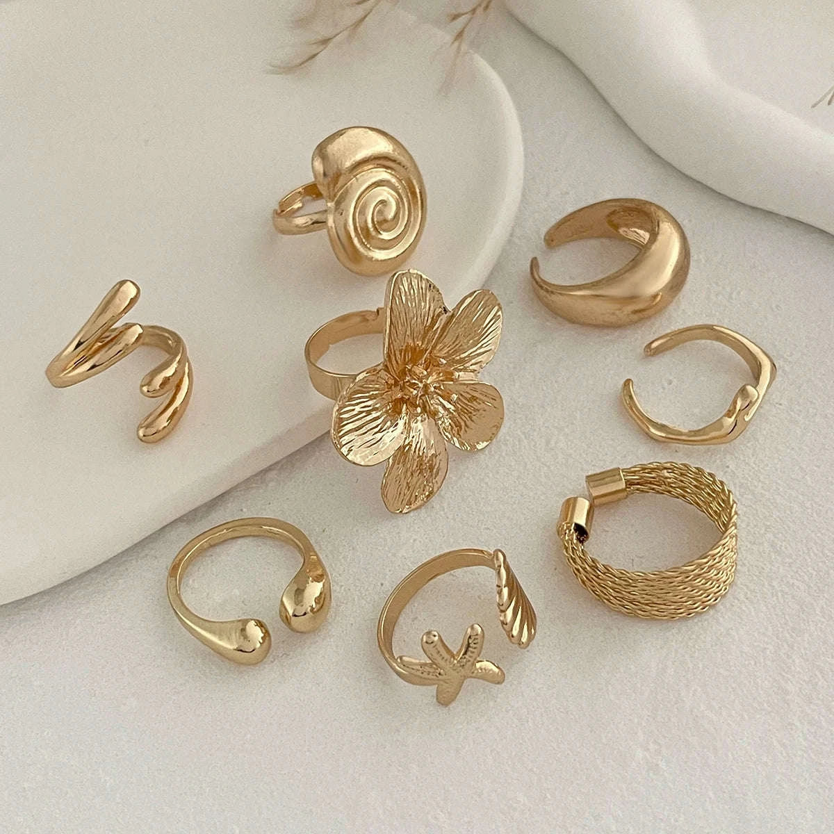 8Pcs Vintage Metal Flower Rings – Petal & Water Drop Open Rings for Women-Set / CHINA