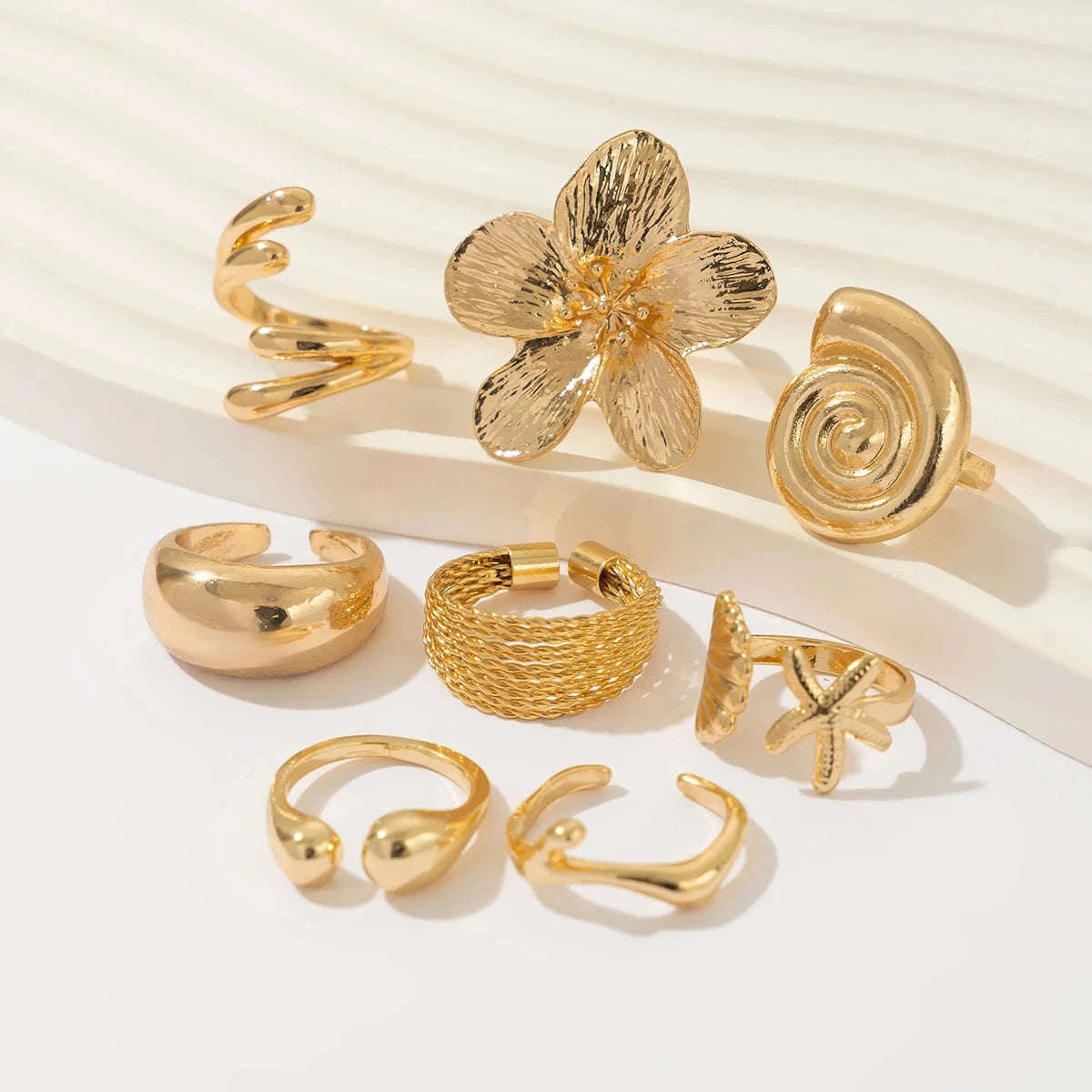 8Pcs Vintage Metal Flower Rings – Petal & Water Drop Open Rings for Women-Set / CHINA