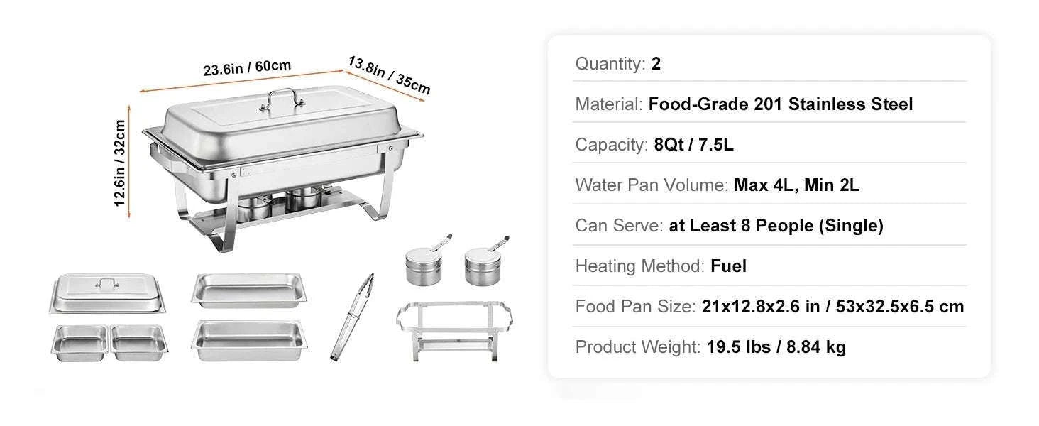 8QT Chafing Dish Buffet Set with Full Pans & Fuel Holders-4 Packs / United States