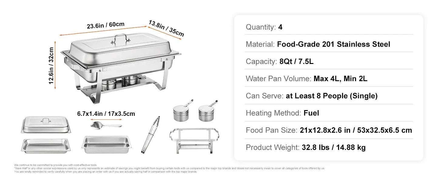 8QT Chafing Dish Buffet Set with Full Pans & Fuel Holders-4 Packs / United States