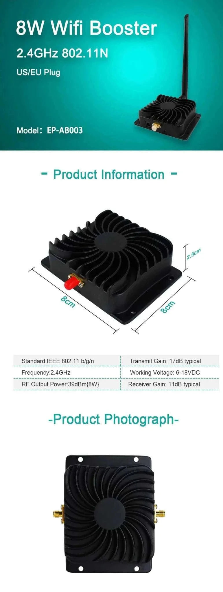 8W 2.4GHz WiFi Booster Amplifier for Extended Signal Range-EU Plug