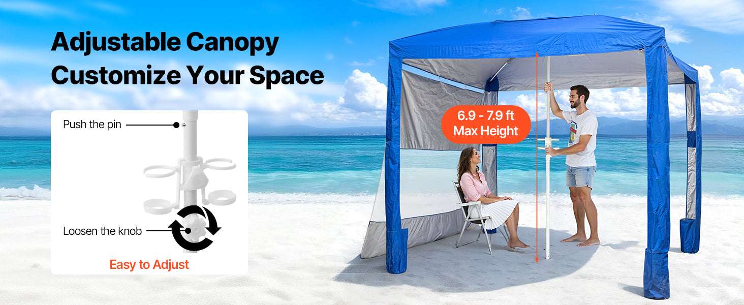 8x8 ft Beach Cabana Tent with UPF 50+ Shade & Side Wall-Navy Solid / United States