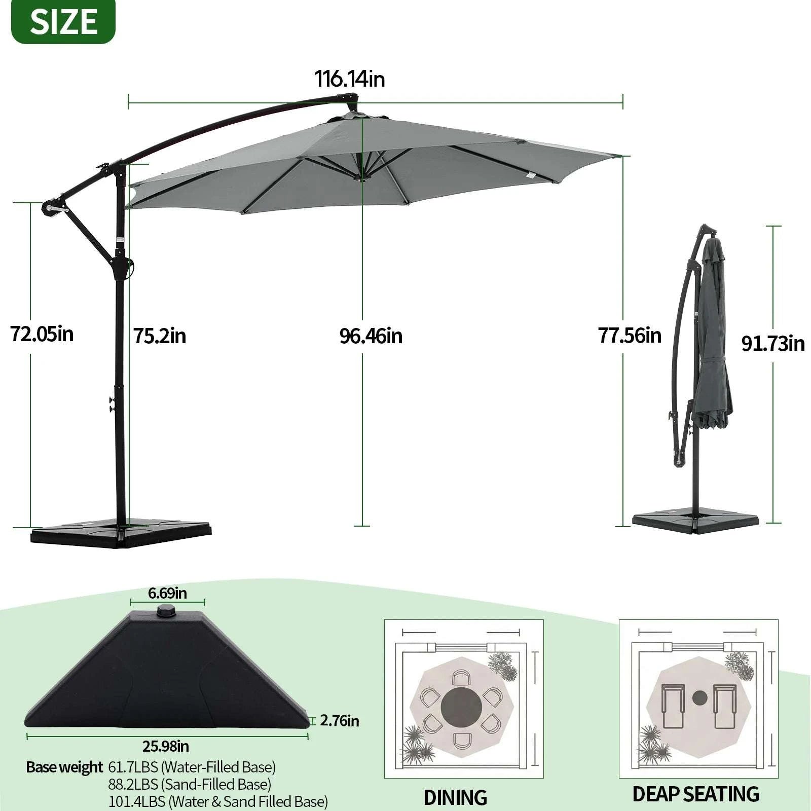 9.8FT Offset Patio Umbrella with Base & Tilt UV Protection Shade-GRAY / United States