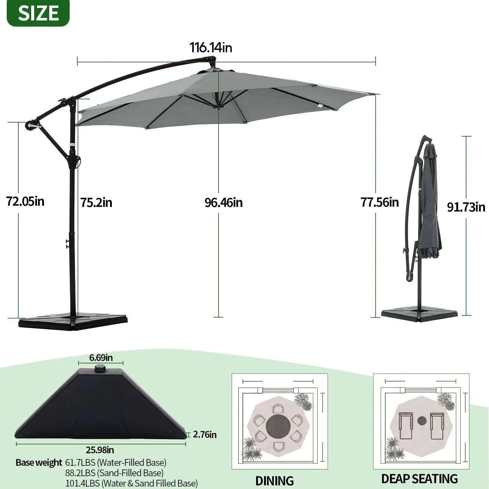 9.8FT Offset Patio Umbrella with Base & Tilt UV Protection Shade-GRAY / United States